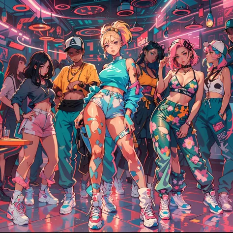One Girl In A Club、(Super Detail)、(8K)、((Hip Hop Fashion))、(full body Esbian)、(Fashion of the 90s)、(Brilliant limbs)、(Delicately drawn figures)、(Womens Fashion)、(Colorful and pop design)、Female facial expressions、(the pose)、(Spirit of the times)
