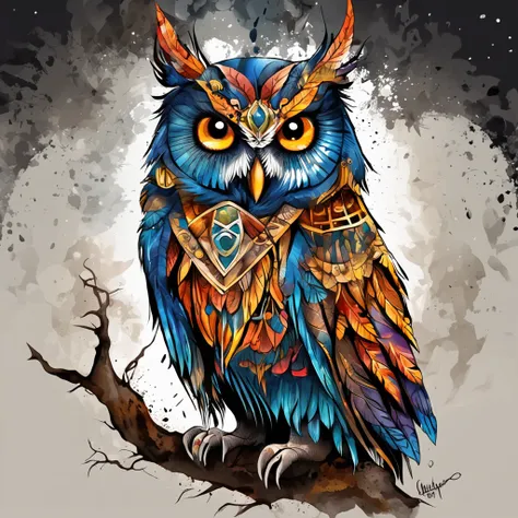 t-shirt design, tattoo, black background, art centered, 2D, vector, vivid color splashes, intricate details, Maori owl character in black oil decal with wet glitter look, full moon night, Midnight, Graveyard, Graves, Dry Trees, Rim Light, Edge Vignette, Gr...