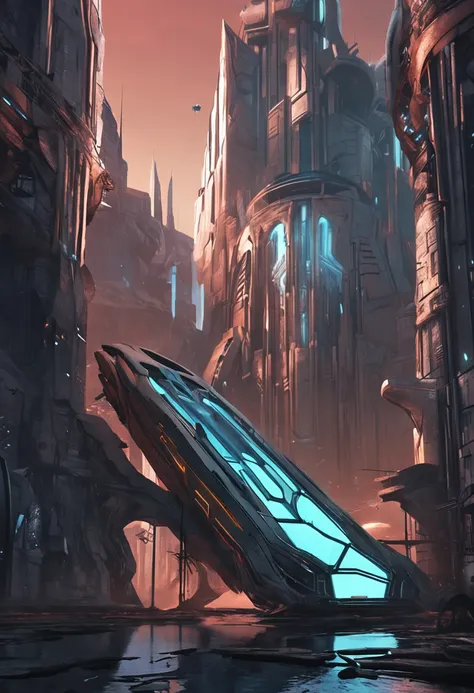 A street full of beautiful and elegant buildings, Bluish atmosphere, At the end of the street a beautiful and elegant tower, architecture mystique et futuriste, Concept Art de science-fiction mystique, Warframe Concept Art, Art conceptuel futuriste et magi...