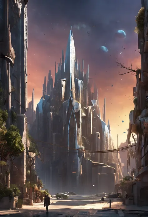 A street full of beautiful and elegant buildings, Bluish atmosphere, At the end of the street a beautiful and elegant tower, architecture mystique et futuriste, Concept Art de science-fiction mystique, Warframe Concept Art, Art conceptuel futuriste et magi...