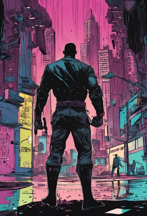 Ah, Black man guys fighting in the rain on top of a building in a cyberpunk city? Que jantar intenso! Imagino que a chuva esteja caindo forte, as luzes neon brilhando na cidade, and the guys fighting with all their might. Um deles poderia estar vestido com...