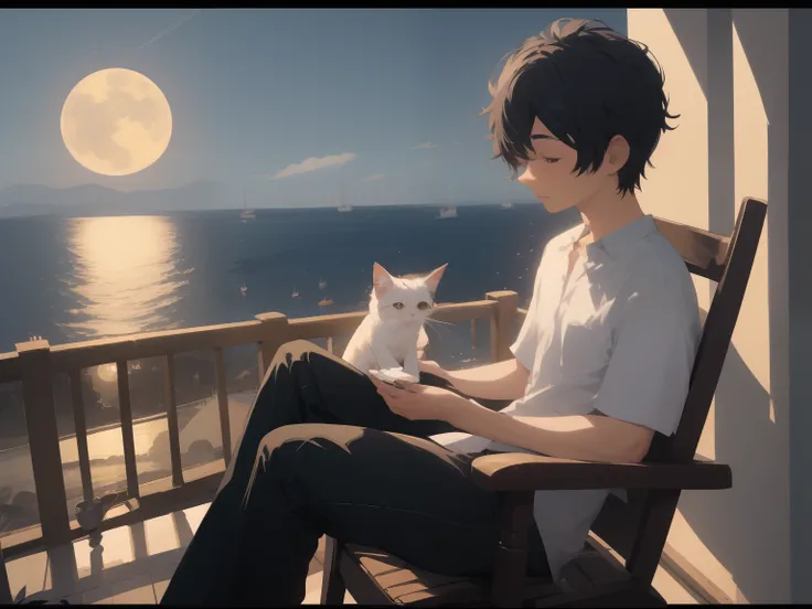 Moonlit day at night、On a hill with a view of the sea、A man with black hair and short cuts、With a cute cat、While sitting in a rocking chair、Shirts and、Wearing black pants、Brewing coffee while looking at the sea。