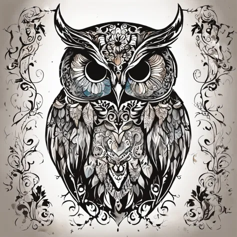 t-shirt design, tattoo, black background, art centered, 2D, vector, vivid color splashes, intricate details, Maori owl character in black oil decal with wet glitter look, full moon night, Midnight, Graveyard, Graves, Dry Trees, Rim Light, Edge Vignette, Gr...