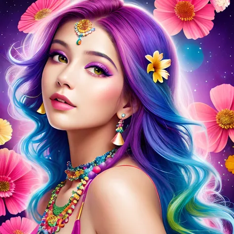 brightly colored hair with flowers and beads,,, colorfull digital fantasy art, beautiful art uhd 4 k, gorgeous digital art, beautiful digital works of art, 4K highly detailed digital art, Beautiful digital art, stunning digital art, realistic digital art 4...