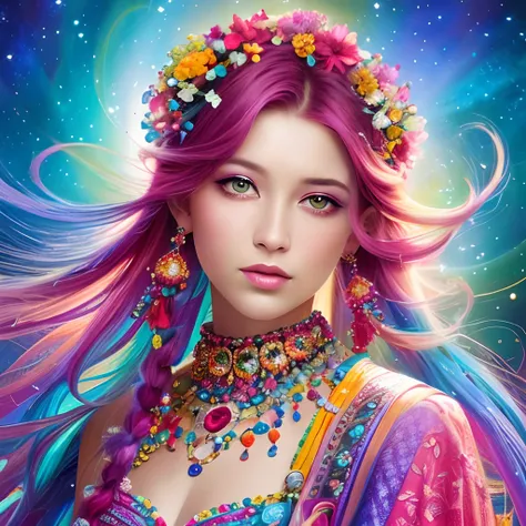 brightly colored hair with flowers and beads,,, colorfull digital fantasy art, beautiful art uhd 4 k, gorgeous digital art, beautiful digital works of art, 4K highly detailed digital art, Beautiful digital art, stunning digital art, realistic digital art 4...