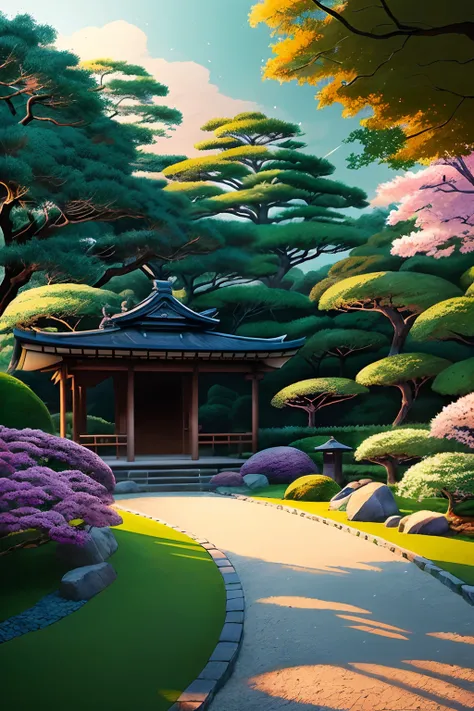 Game scene of a traditional japanese garden ， on a beautiful day, by Studio Ghibli and Greg Rutkowski, crisp linework, neon pastel colors, 🌌 trending on ArtStation --auto