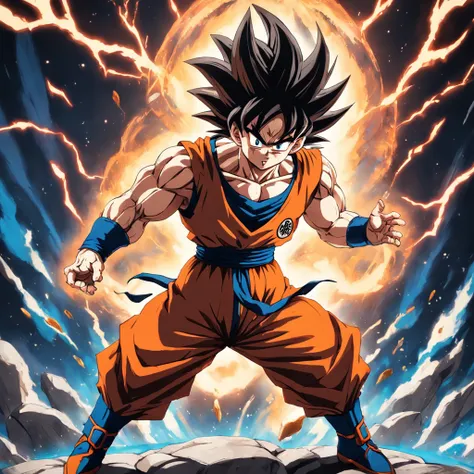 goku do dragon ball, cabelo preto, roupa laranja, olhos bem feitos com um olhar serio e musculado