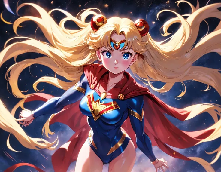 create a syle mix of a new original sailor moon  original  female superhero  character, full body, long hair waving in wind, gaphic,deviant,fantasy but detailed realistic features, background mix style of klimt and gouache like bapiste