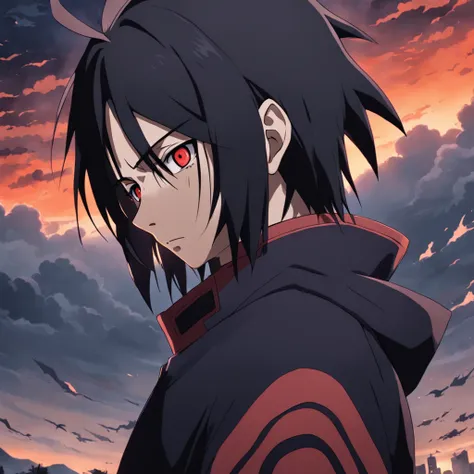 itachi uchiha do anime naruto shippuden, triste com um olhar serio e olhos bonitos