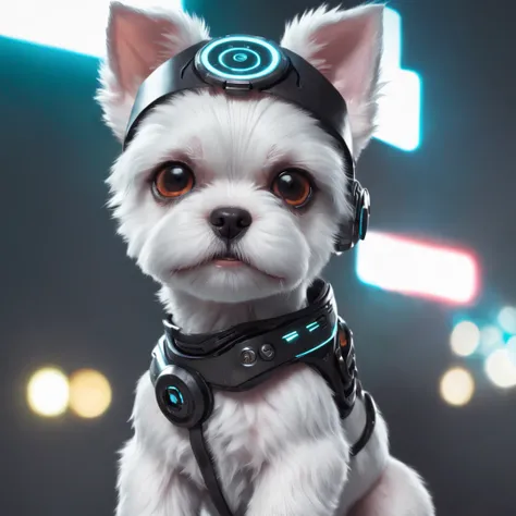 a white Maltese puppy, with robotic part  ::style cyber punk, estilo realistico ::n_style pintura digital, deformed parts.