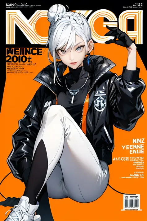 (magazine cover:1.3),ulzzang-6500, (realistic: 1.3) (original: 1.2), masterpiece, best quality, beautiful clean face, fullbody, 1woman, (wearing black and white and cobalt scifi techmask and headphones with complex electronics), wearing black techwear jack...