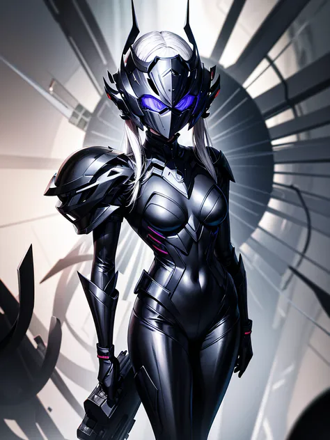 5 8K UHD、Silver-haired and small-nosed beauty in a black shiny black full-body rider suit wearing a black full-face helmet that covers the entire head is standing with her legs open facing the front、Wearing shiny black armor、Upper Body Up