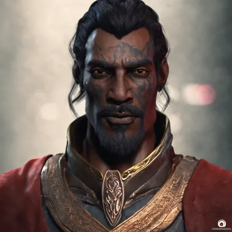 tes, dunmer, male, dark-blue skin, dark-grey skin, ashen skin, red eyes, beard, photorealistic, bright oriental clothes, detailed skin, detail, texture, high sharpness