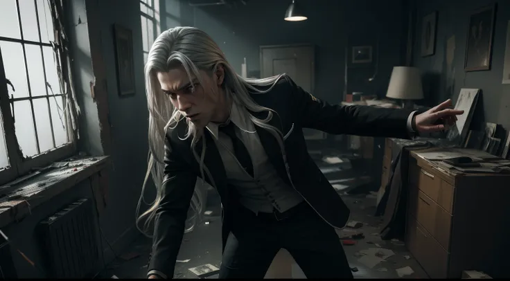 (images of a young male vampire with long silver hair, investigating a dead bodies hanging on a wall in a crime scene, located inside a messy office room with broken windows, full body, dim lighting and flickering lights, wide shot, dynamic angle shot, thr...