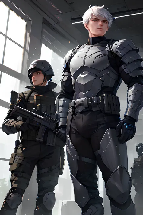 There are two men in futuristic armor standing in a room, ojos rojos, inexpresivo, rostro varonil, Traje sigiloso, traje de combate, Arte conceptual como Ernest Khalimov, dressed in tactical armor, wearing techwear and armor, Experto en arte conceptual de ...