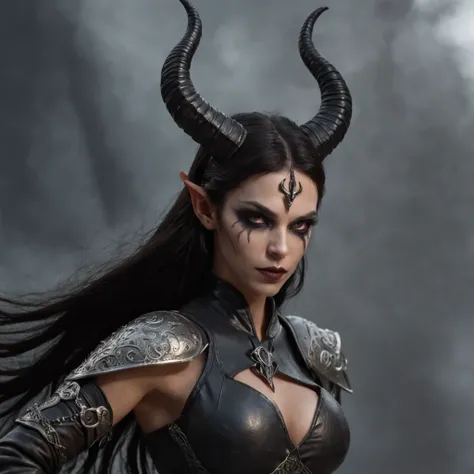 a dark female tiefling, evil eyes, wearing leather black armor, dark silver, pale dark skin, bright eyes, young, pretty, intricate horns, black hair flowing, long hair, athletic, muscular, hot, malicious eyes, epic angle, dark background, misty fog, bard t...