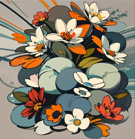 Hay un colorido arreglo floral sobre un fondo gris, Estilo de arte de dibujos animados pintado a mano, flores coloridas, Arte vectorial altamente detallado, con flores de colores, stunning art style, Estilo vectorial caricaturesco, Hermoso arte retro, flor...