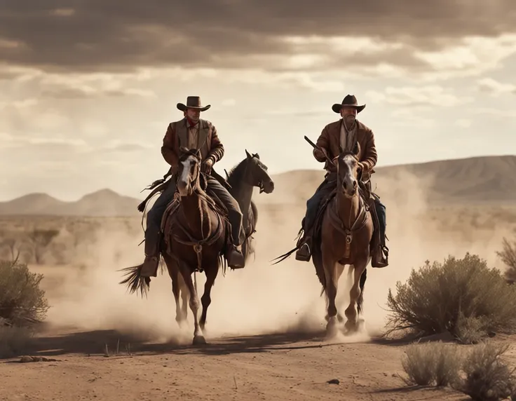 - Old West American -- Drawing -- Two Gunslingers Ride Side by Side and Talk. Behind came in a row, Gunslingers Mounted on their Horses. They trotted gracefully along the dusty road, raising golden clouds in the midday sun.
 - Realistic - Cinematic - 4k --...