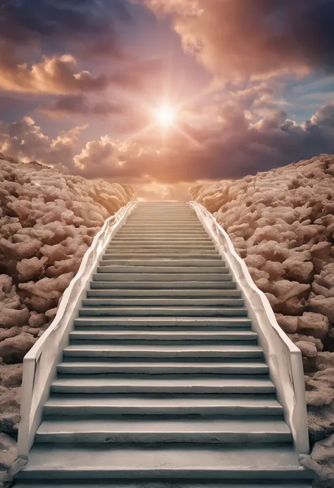 a white staircase leading to a bright sky with clouds, stairway to heaven, Leading to the sky, she is arriving heaven, heaven in the top, heaven background, heaven!!!!!!!!, she is approaching heaven, heavens gate, stairs from hell to heaven, in sky, descen...