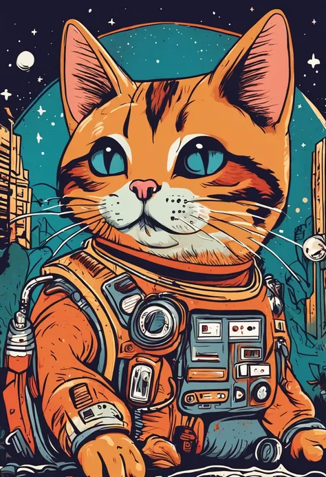 gato espacial, funny and surprised, para estampa de camisa