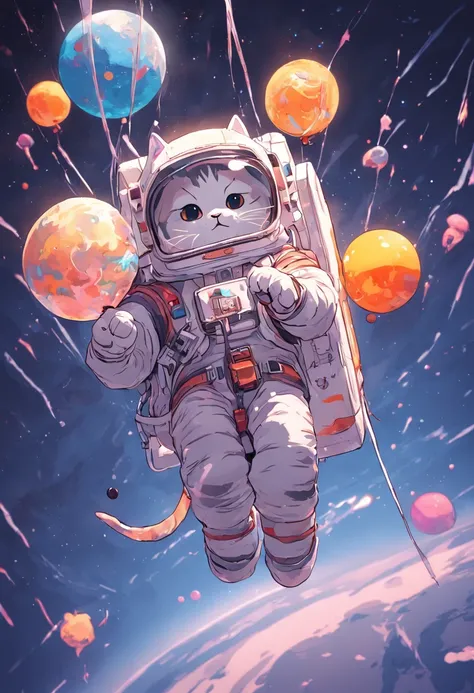 Hyper detailed cat astronaut holding a balloon, Flying through outer space with planets at the bottom of the happy well, alegre, floating in outer space, ..3d, 8k, efeito pop art, Detalhe brilhante, etiqueta, 3D Printing, design de camiseta