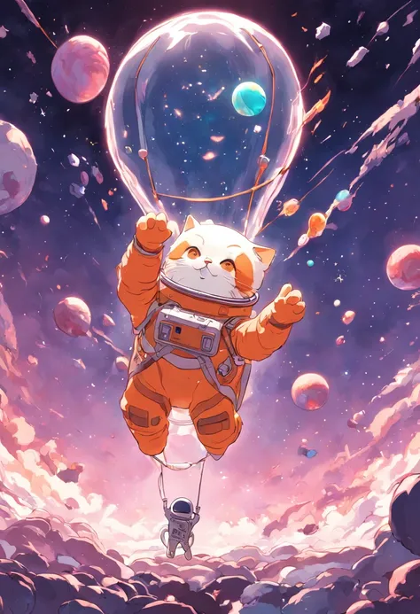 Hyper detailed cat astronaut holding a balloon, Flying through outer space with planets at the bottom of the happy well, alegre, floating in outer space, ..3d, 8k, efeito pop art, Detalhe brilhante, etiqueta, 3D Printing, design de camiseta