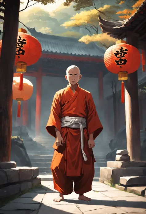 "Please create an image of a standing Shaolin monk, wearing traditional monk robes in shades of red and gold. The monk should be in a quiet meditation pose, with his hands resting on his crossed legs. However, instead of of a human head, the monk should ha...