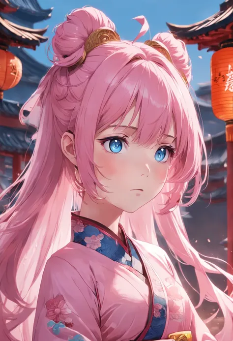 A beautiful woman with pink hair，blue colored eyes，Wearing pink Chinese antique costumes，Detal Face，style of anime，超高分辨率