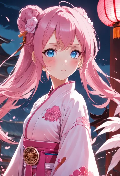 A beautiful woman with pink hair，blue colored eyes，Wearing pink Chinese antique costumes，Detal Face，style of anime，超高分辨率