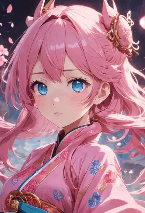 A beautiful woman with pink hair，blue colored eyes，Wearing pink Chinese antique costumes，Detal Face，style of anime，超高分辨率