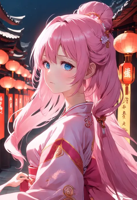 A beautiful woman with pink hair，blue colored eyes，Wearing pink Chinese antique costumes，Detal Face，style of anime，超高分辨率