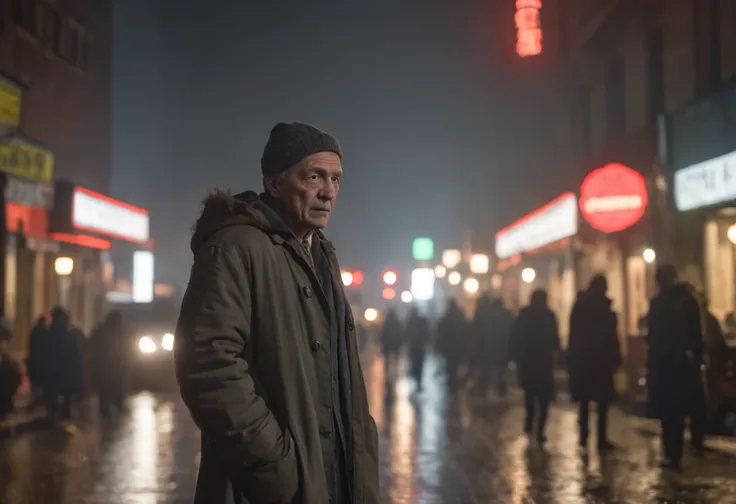 At night, a light drizzle falls from the sky, casting a misty ambiance over the modern street filled with various signage, Different lights illuminate the main character, a middle-aged man wearing a heavy hooded coat, His eyes reflect a sense of melancholy...