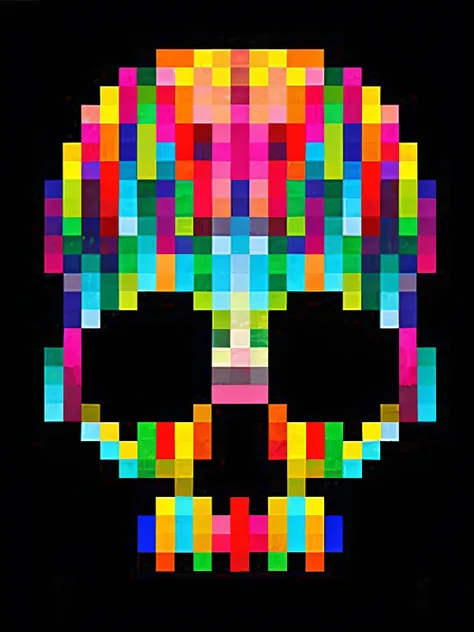 a pixel skull with colorful squares on a black background, colorful pixel art, pixelated art, pixel-art, pixelate, pixel artwork, pixelated, digital pixel art, pixel art, pixel art, 8-bit pixel art, 8 - bit pixel art, calavera, pixilated, 8 - bit, 8-bit, 8...