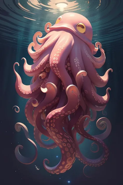 Illustrate a very large octopus in the line. Make his suction cups very evident. Behind him draw a colorful background of the sea. The octopus must occupy the largest space in the scene, it will be the highlight. Vertical, full-page image.