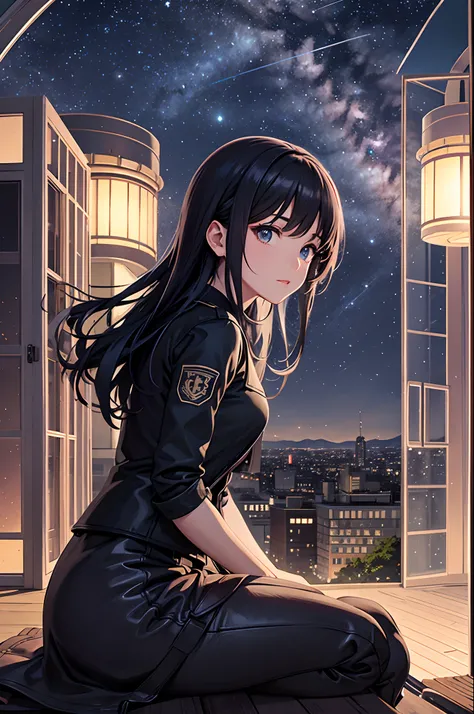 (masterpiece, top quality, best quality, official art, beautiful and aesthetic:1.2), extremely detailed, detailed background, anime, 1girl, young girl, short girl, sci-fi, science fiction, outdoors, night, starry sky, greenhouse, megastructure, bio-dome, l...