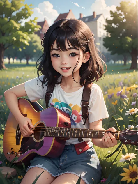 There was a girl with black hair in a rainbow-colored field, huge smile, Play the guitar and sing, Shine with backlight, And the sun was shining