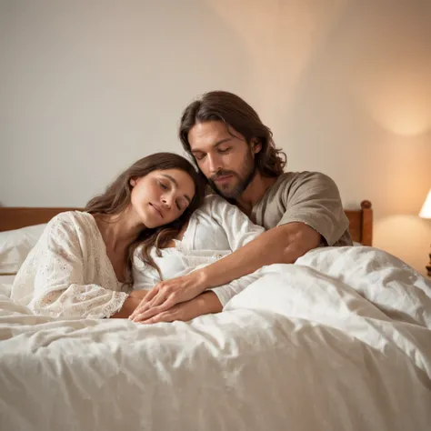 Jesus is lying in bed with a woman in the background, bible illustration, Luz gloriosa, Jesus Cristo, Obra-prima da luz brilhante, jesus hugging a woman, Tron legado Jesus Cristo, inspired by the Brothers Hildebrandt, a luz se curva para ele, beautiful dep...