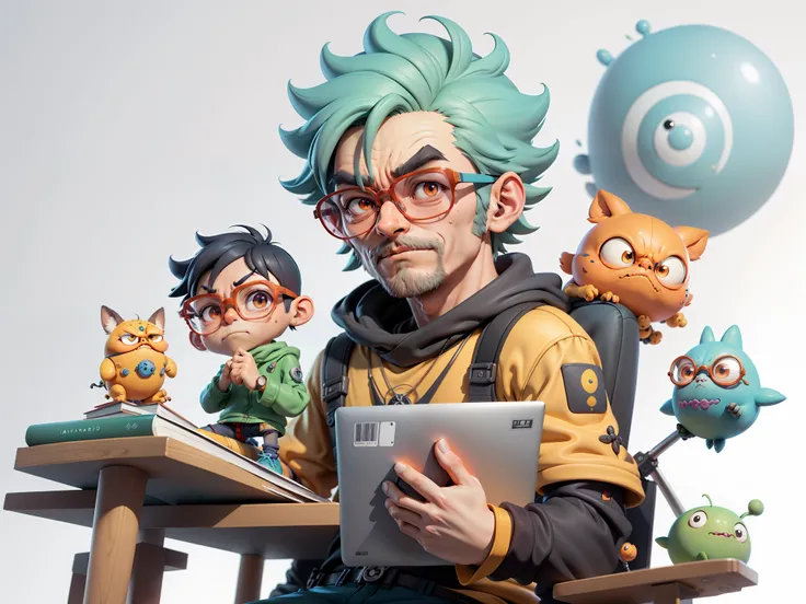 A young man with glasses sits at his desk，holding laptop，digitial painting，3D character design by Mark Clairen and Pixar and Hayao Miyazaki and Akira Toriyama，4K HD illustration，Very detailed facial features and cartoon-style visuals。