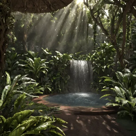 (Professional 3D rendering:1.3) de (Realistic:1.3) foto de arte mais bonita do mundo，soft features, uma linda cachoeira, ((tempo nublado e uma linda cachoeira com um riacho, paisagem com muito verde, plantas e flores, fantastic location, majestoso ambiente...