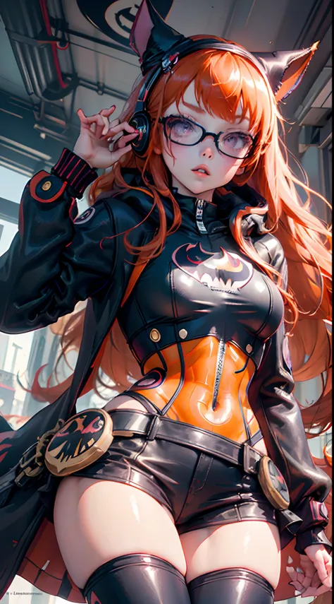 Batgirl, Persona 5, Futaba ,(masterpiece, best quality:1.1), ghibli style, red and blak colors, long_orange_hair, purple eyes, hair_bands, glasses, black and red headphone, coat and hoodie and fur, solo,free style