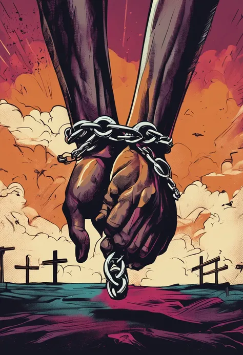 4k cross of christ artwork, two hands with wrists with broken chains