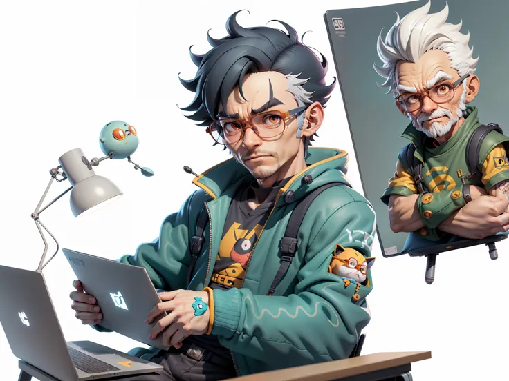 A young man with glasses sits at his desk，holding laptop，digitial painting，3D character design by Mark Clairen and Pixar and Hayao Miyazaki and Akira Toriyama，4K HD illustration，Very detailed facial features and cartoon-style visuals。