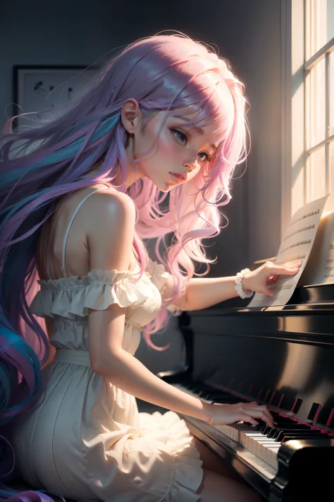 piano　Playing the piano keys　girl with　Hair long　colourfull　Active　pop music　Music　Artistically　art by　colourfull　natural soft light