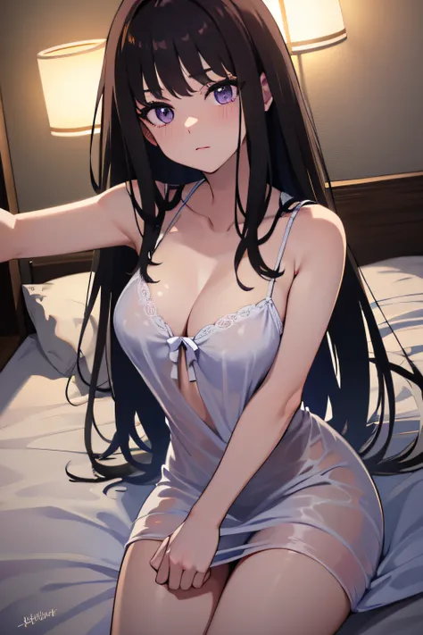 (masterpiece, best quality, highres, UHD, perfect pixel), Inoue Takina, Long hair, Bangs, Black hair, (Purple eyes:1.2), medium breasts, indoor, bedroom, dynamic pose, busty, perfect body, POV, close up, blushing, (cleavage:0.8), nightgown, minimalist shir...