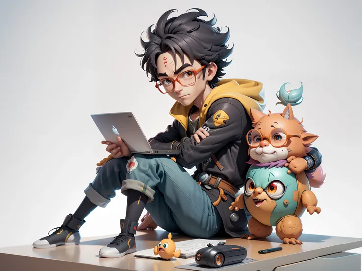 A young man with glasses sits at his desk，holding laptop，digitial painting，3D character design by Mark Clairen and Pixar and Hayao Miyazaki and Akira Toriyama，4K HD illustration，Very detailed facial features and cartoon-style visuals。