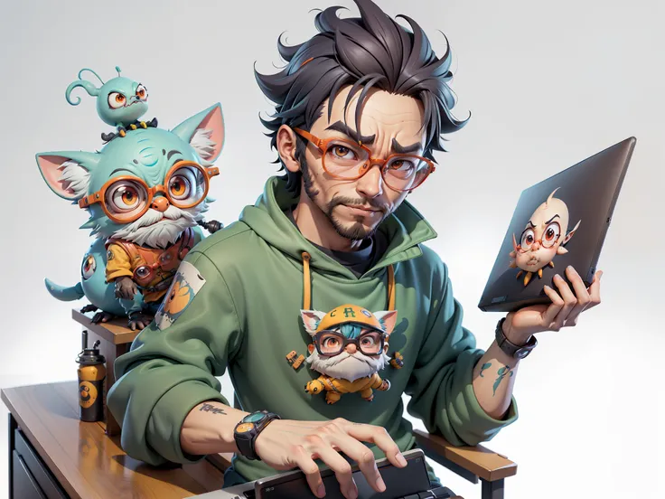 A young man with glasses sits at his desk，holding laptop，digitial painting，3D character design by Mark Clairen and Pixar and Hayao Miyazaki and Akira Toriyama，4K HD illustration，Very detailed facial features and cartoon-style visuals。