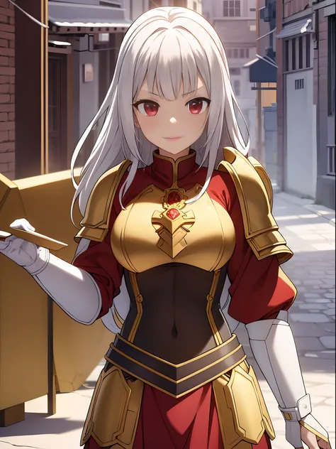 girl, white hair, red eyes, wearing armor, golden skirt, village, absurdres, highres, big chest, ultrasharp, 8K, masterpiece, looking at viewer, shapely body, sexy,