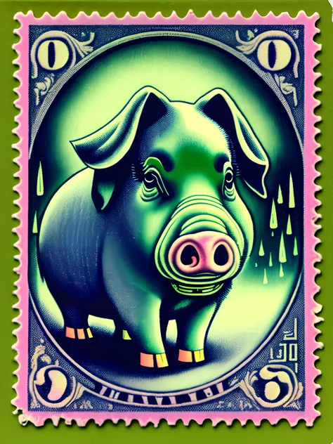 A Vietnamese stamp depicts a pig, Psychedelic surrealist style, Qing dynasty, photo taken with ektachrome, Indigo and green, Japanese folk art, Bamileek Art, Otherworldly creatures