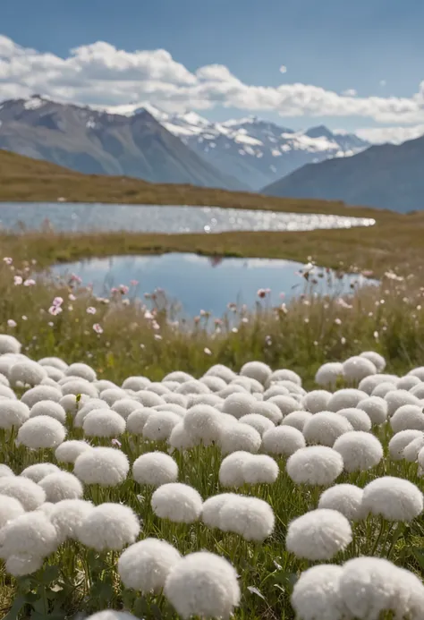 Summer, meadows, a few small flowers, clear lakes, sheep, heaven, large clouds, blue sky, hot weather, HD detail, hyper-detail, cinematic, surrealism, soft light, deep field focus bokeh, distant vistas are snowy mountains, ray tracing, and surrealism. --v6