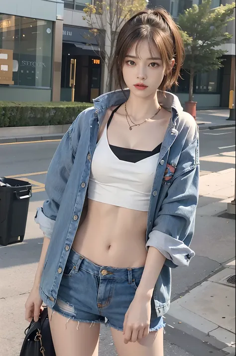 （（mediuml breasts，tomboyish girls，））， （chiseled abs：1.1），（perfect bodies：1.1），（Short wave hair：1.2），auburn hair，collars，chain，full body shot shot，full bodyesbian，Long legs，crowding street，Wear a vest，jean jacket，（torn laundry：1.3）（（denim short，Long legs ar...